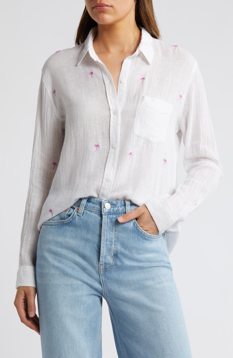 Rails Charli Palm Tree Embroidered Linen Blend Button-Up Shirt, Main, color,