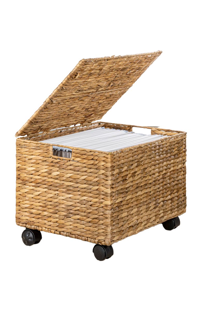 HAPPIMESS Ashton Classic Farmhouse Handwoven Hyacinth Rolling Filing Basket with Lid and 360 Degree Lockable Wheels, Alternate, color, Natural