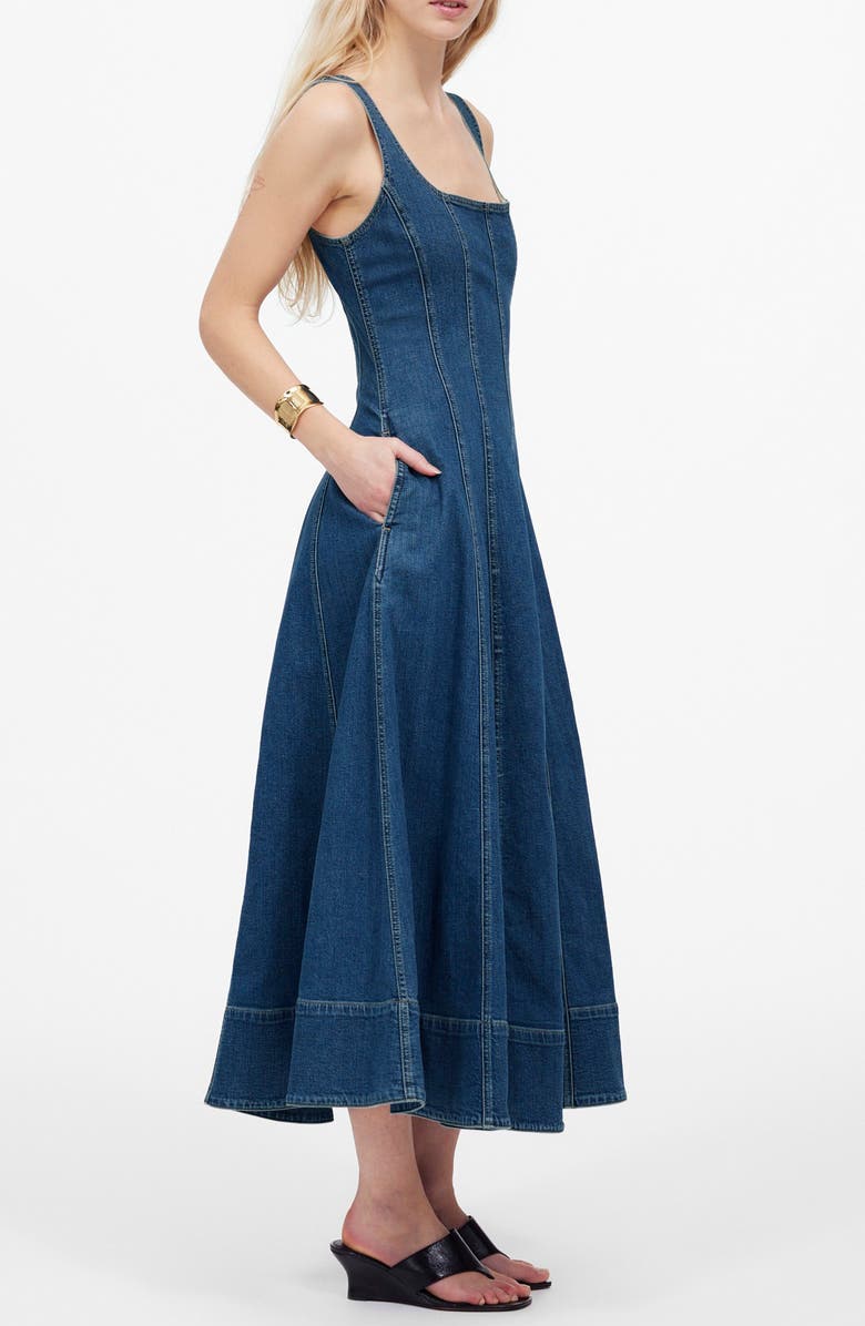 Madewell Seamed Denim Flare Midi Dress, Alternate, color, Croswell Wash