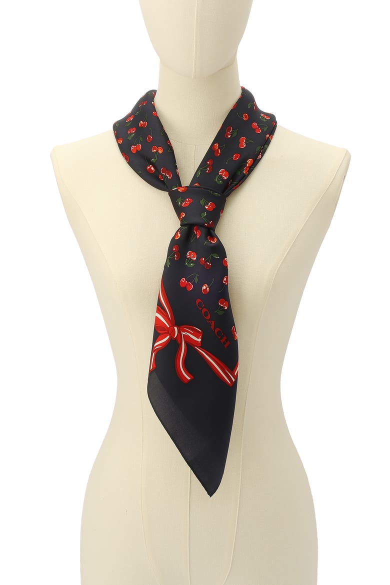 Cherry Print Silk Skinny Scarf, Alternate, color, NAVY MULTI
