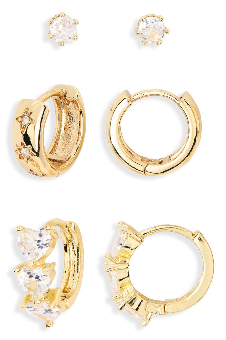 Set of 3 Cubic Zirconia Stud, Star & Heart Huggie Hoop Earrings, Main, color, CLEAR- GOLD