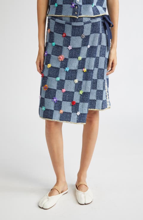 Floral Ribbon Checkerboard Knit Wrap Skirt