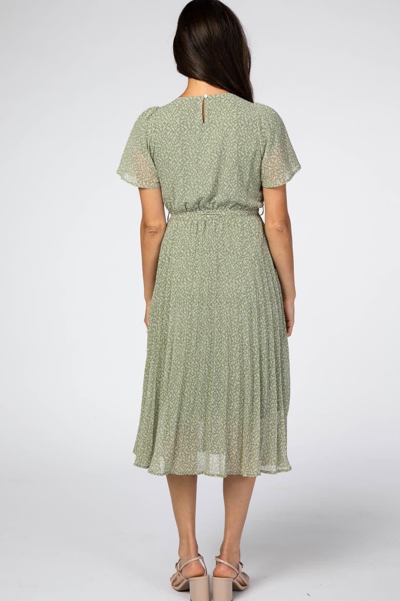 Leaf Print Pleated Midi Dress, Alternate, color, Light Olive