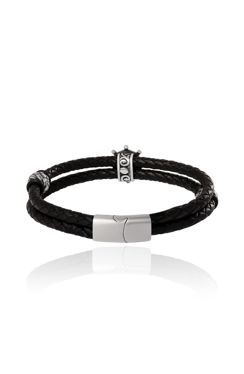 Lucky Brand Nautical Wheel Black Braided Leather Bracelet, Alternate, color, Black