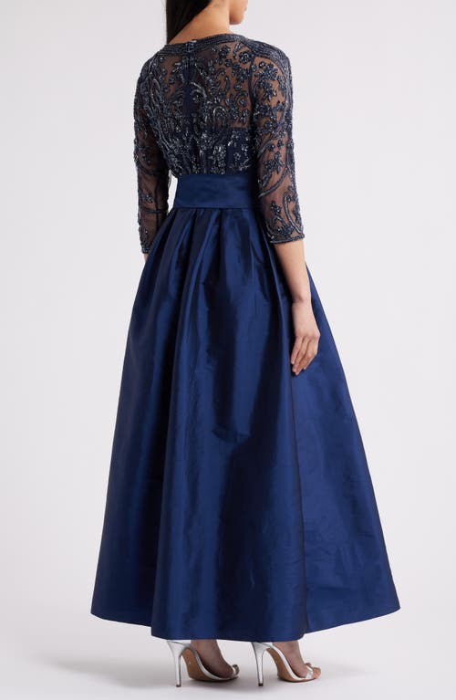 Pisarro Nights Beaded Illusion Neck Taffeta Cocktail Dress In Navy