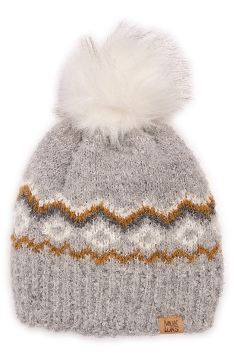 RELIABLE OF MILWAUKEE Bouclé Pattern Pompom Beanie, Main, color, Med Grey Hther Combo