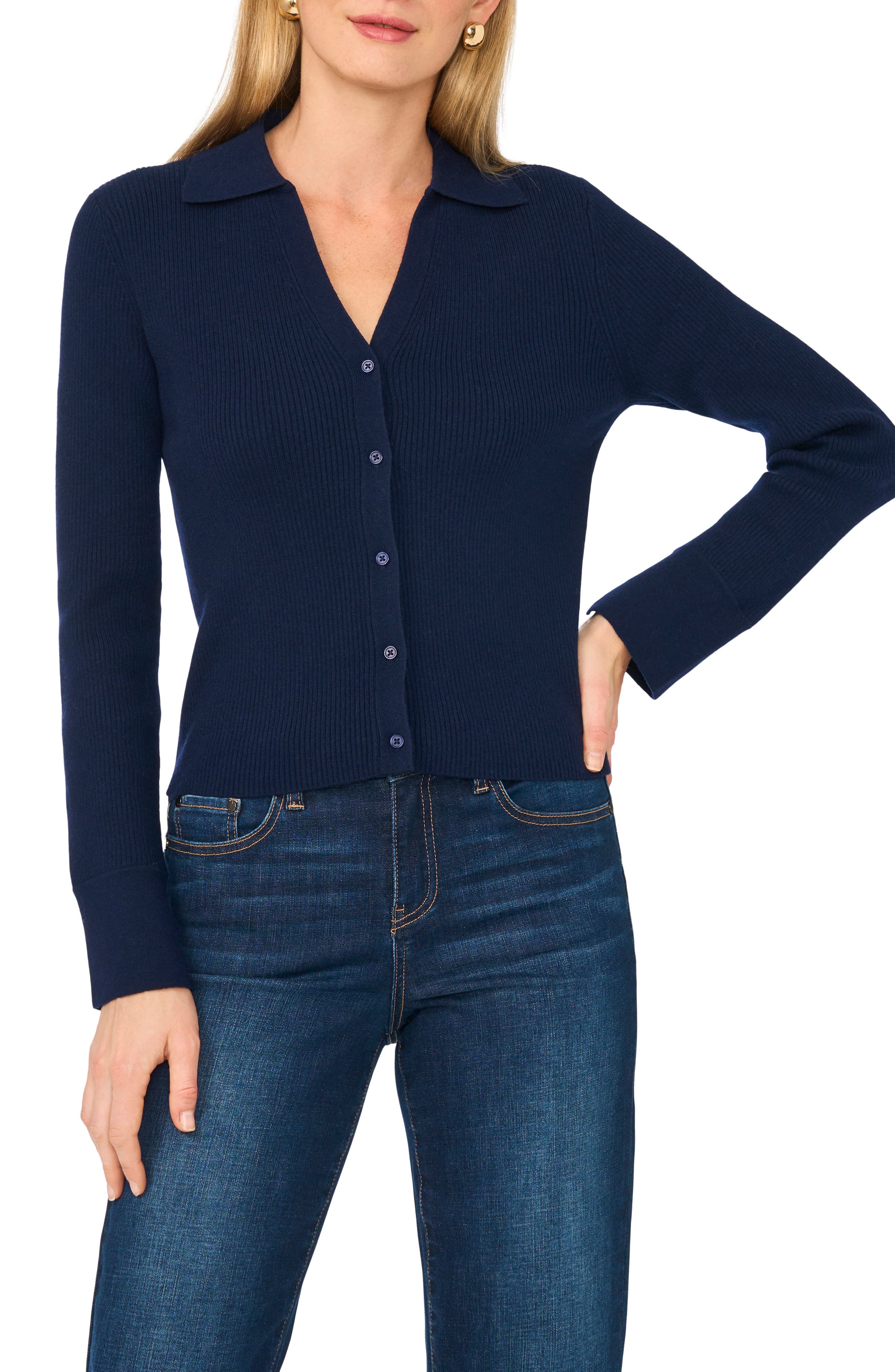 Parker Collared Rib Cardigan In Classic Navy