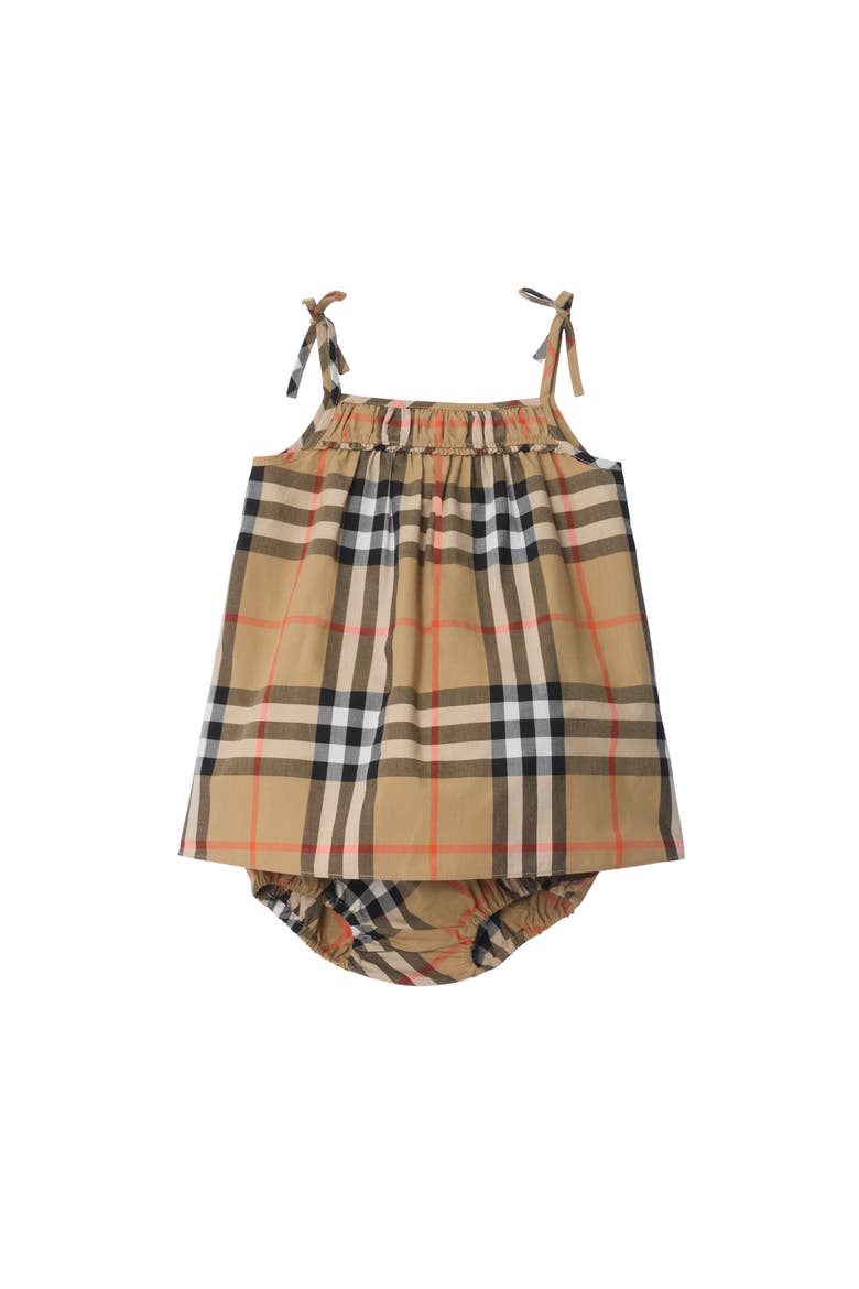 Check Cotton Dress with Bloomers, Main, color, Sand beige