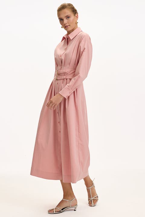 Belted Fitted Waist Midi Shirt Dress