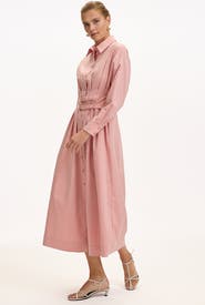 Exquise Belted Fitted Waist Midi Shirt Dress