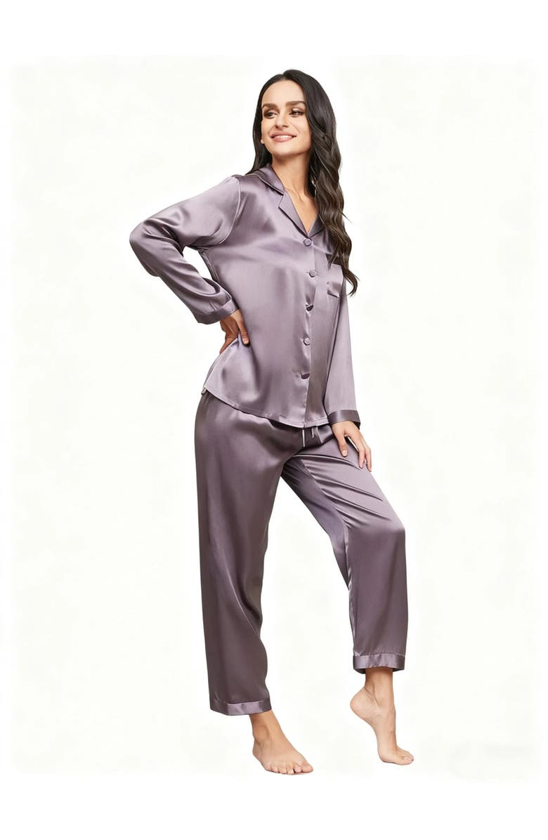 SILKSILKY Pure Silk Casual Button Up Women's Pajamas, Main, color, Purplegray