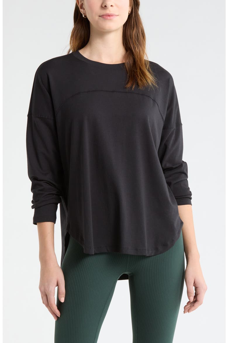 Sueded High-Low Long Sleeve T-Shirt, Main, color, BLACK