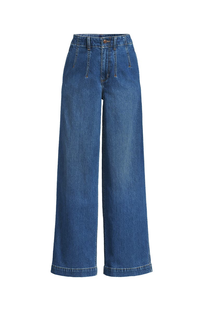 Lands' End Petite Soft Denim High Rise Wide Leg Top Stitch Trousers, Alternate, color, Indigo Tide Blue