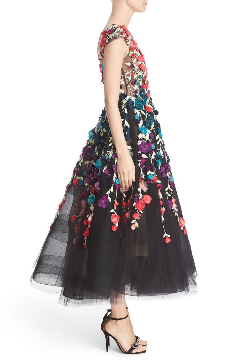 Plunging V-Neck 3D Embellished Tulle Midi Dress, Alternate, color, BLACK