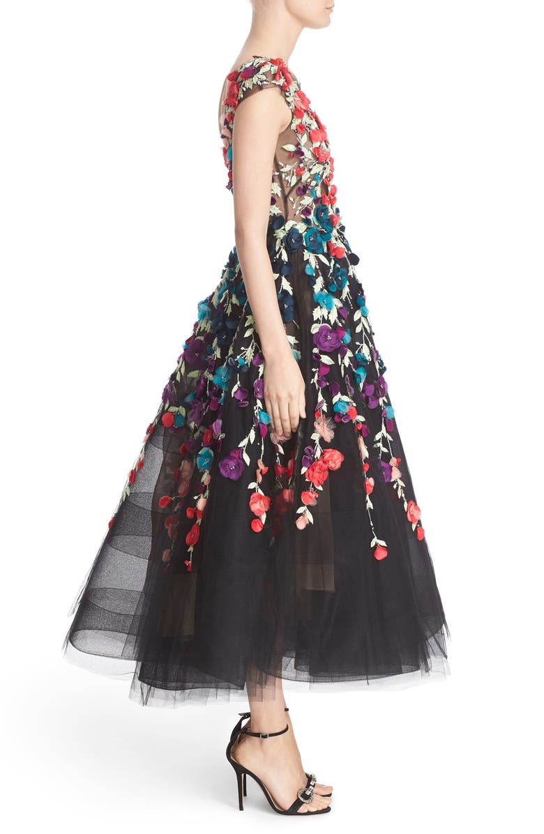 Marchesa Plunging V-Neck 3D Embellished Tulle Midi Dress, Alternate, color,