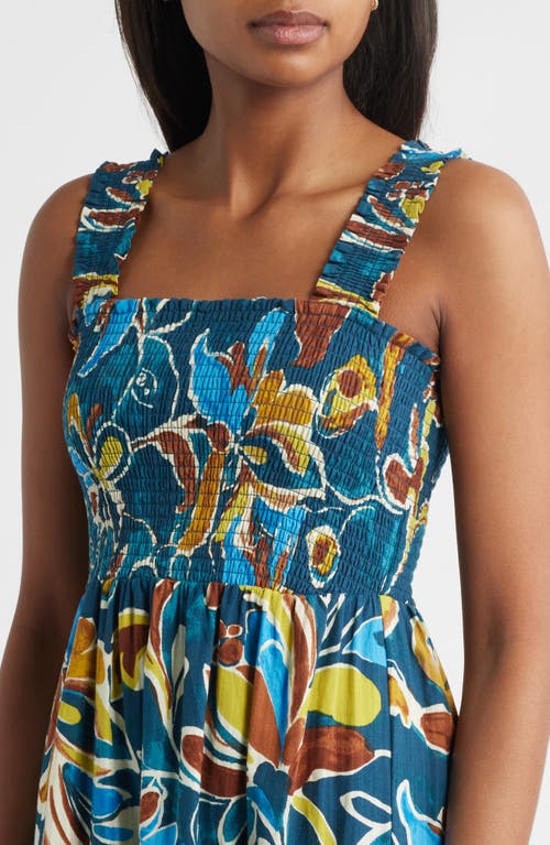 Anne Klein Smocked Bodice Sleeveless Tiered Maxi Dress In Blue