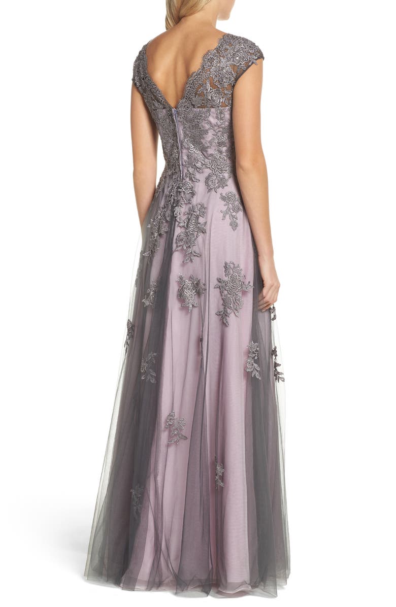 La Femme Embellished Mesh A-Line Gown, Alternate, color, 