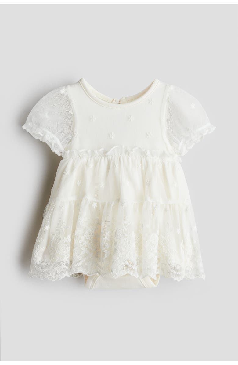 H&M Embroidered Mesh Bodysuit Dress, Main, color, White
