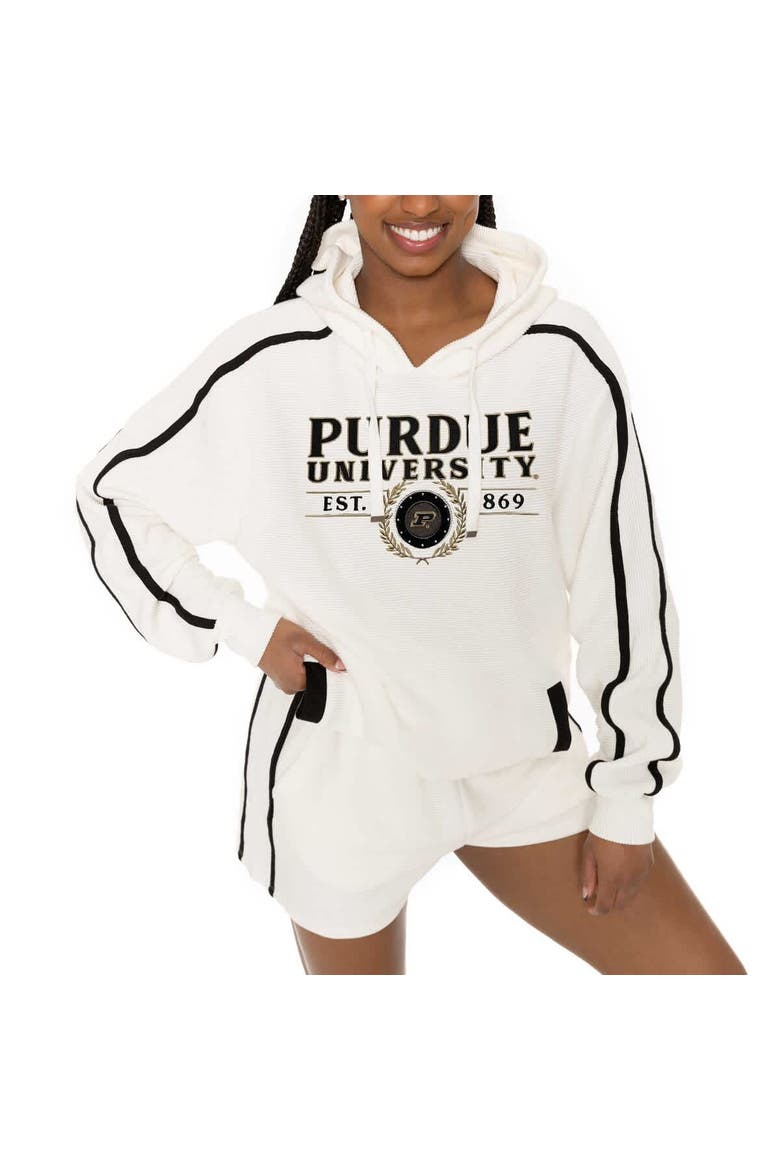 Women's Gameday Couture Cream Purdue Boilermakers Down, Set, Go Pullover Hoodie and Shorts Set, Alternate, color, Cream