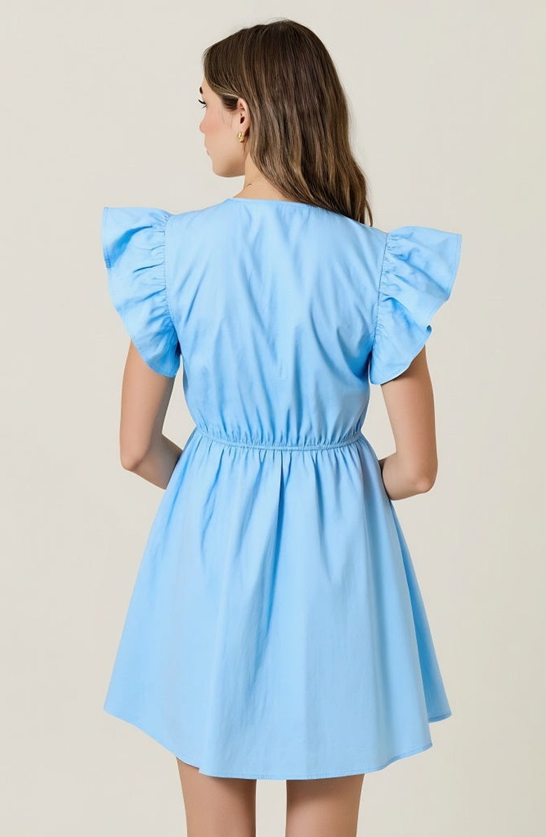 Modenaire Smocked Mini Dress with Ruffle Sleeves and Front Tie Detail, Alternate, color, Blue