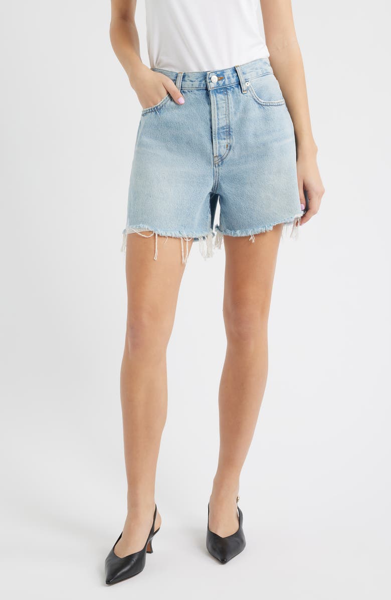 FRAME The Everyday Fray Hem High Waist Denim Shorts, Main, color, Swindle