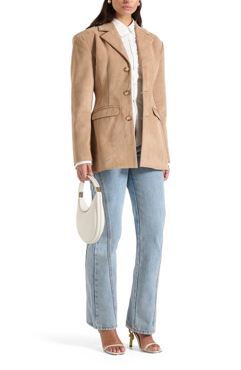 Manière De Voir Claire Suede Wide Shoulder Cinch Waist Blazer, Alternate, color, Beige