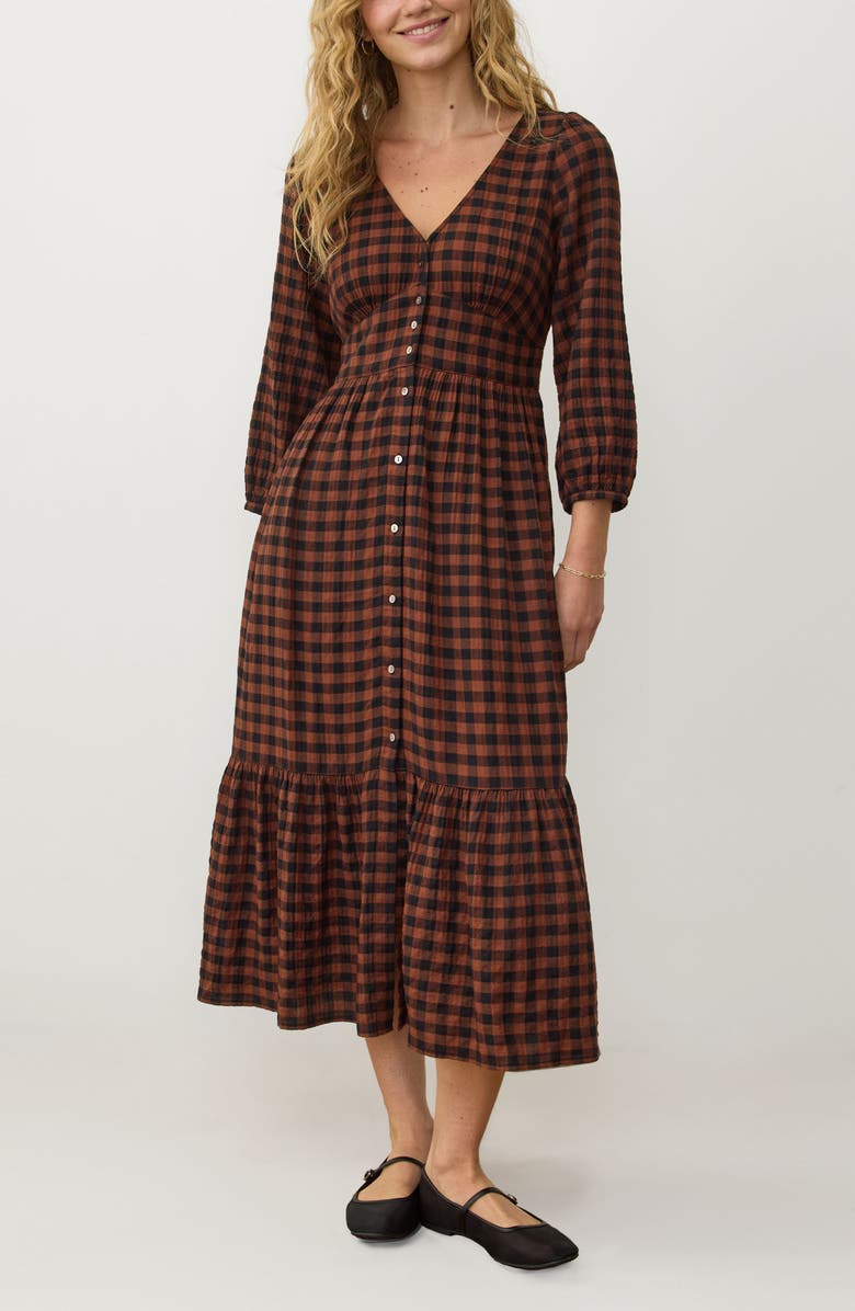 Marine Layer Maeve Plaid Long Sleeve Maxi Dress, Main, color, Espresso Gingham
