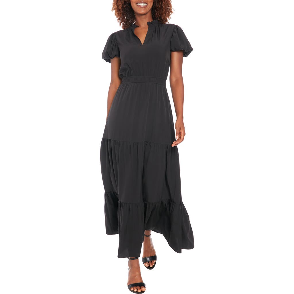 London Times Bubble Sleeve Tiered A-line Maxi Dress In Black
