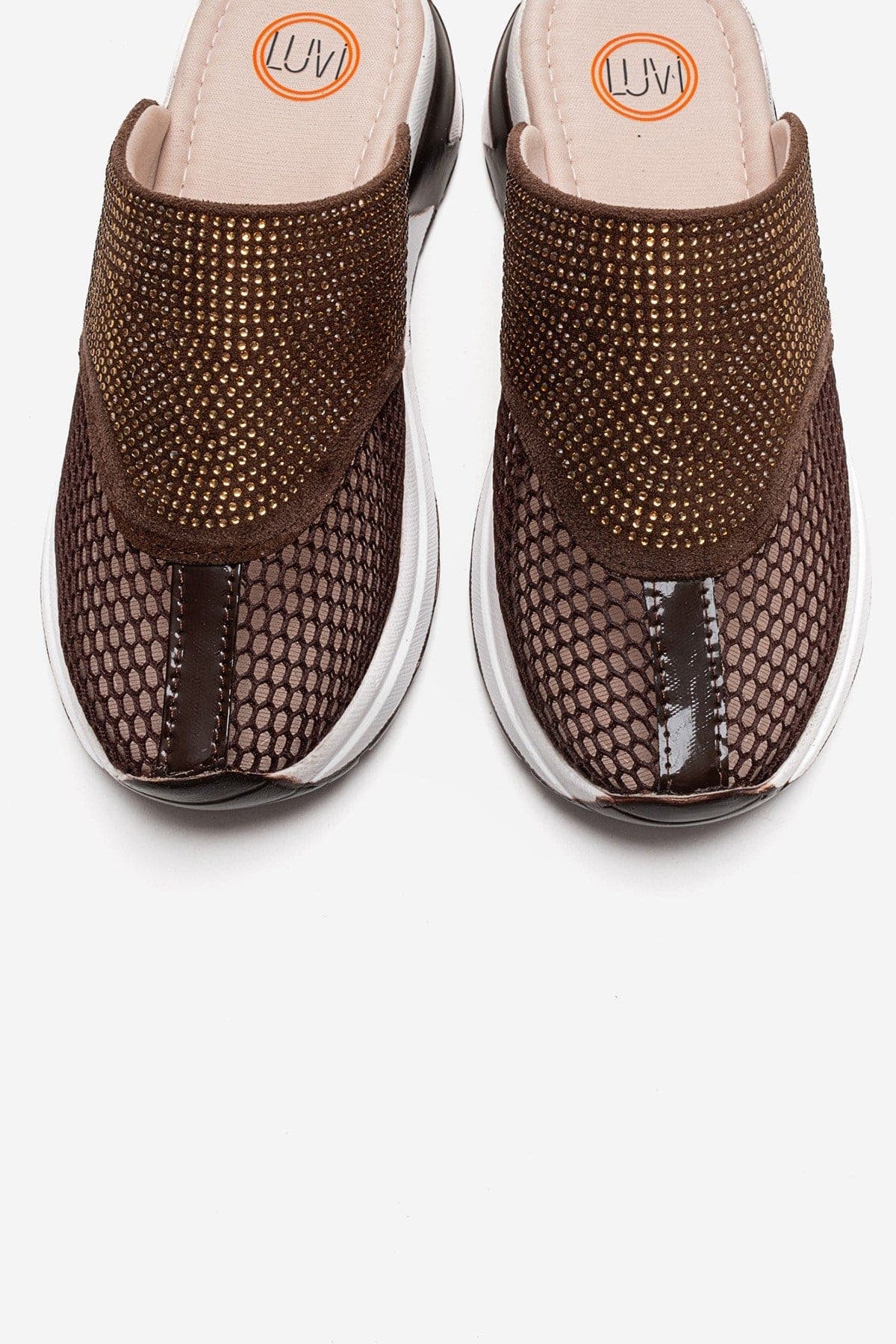 GLEA Mesh Rhinestone Mules, Alternate, color, Brown