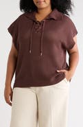 T Tahari Tie Neck Short Sleeve Open Stitch Sweater