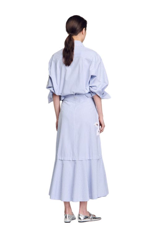Sandro Cotton-blend Stripe Midi Skirt In Sky Blue