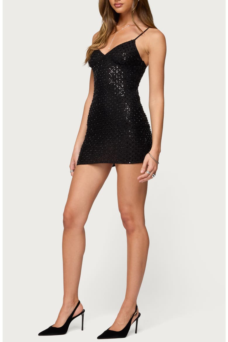 Nathalia Beaded Sequin Mesh Minidress, Alternate, color, BLACK