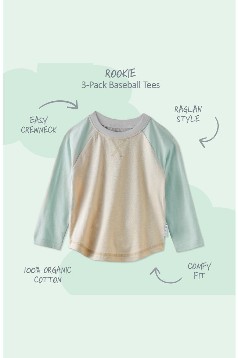 Rookie 3-Pack Organic Cotton Baseball T-Shirts, Alternate, color, SEAFOAM