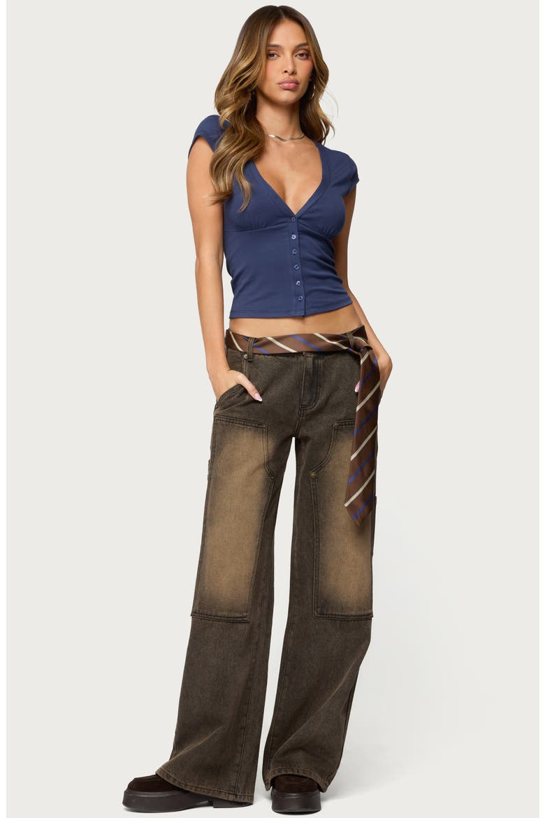 Alza Crop Stretch Cotton Blend Button-Up Top, Alternate, color, NAVY