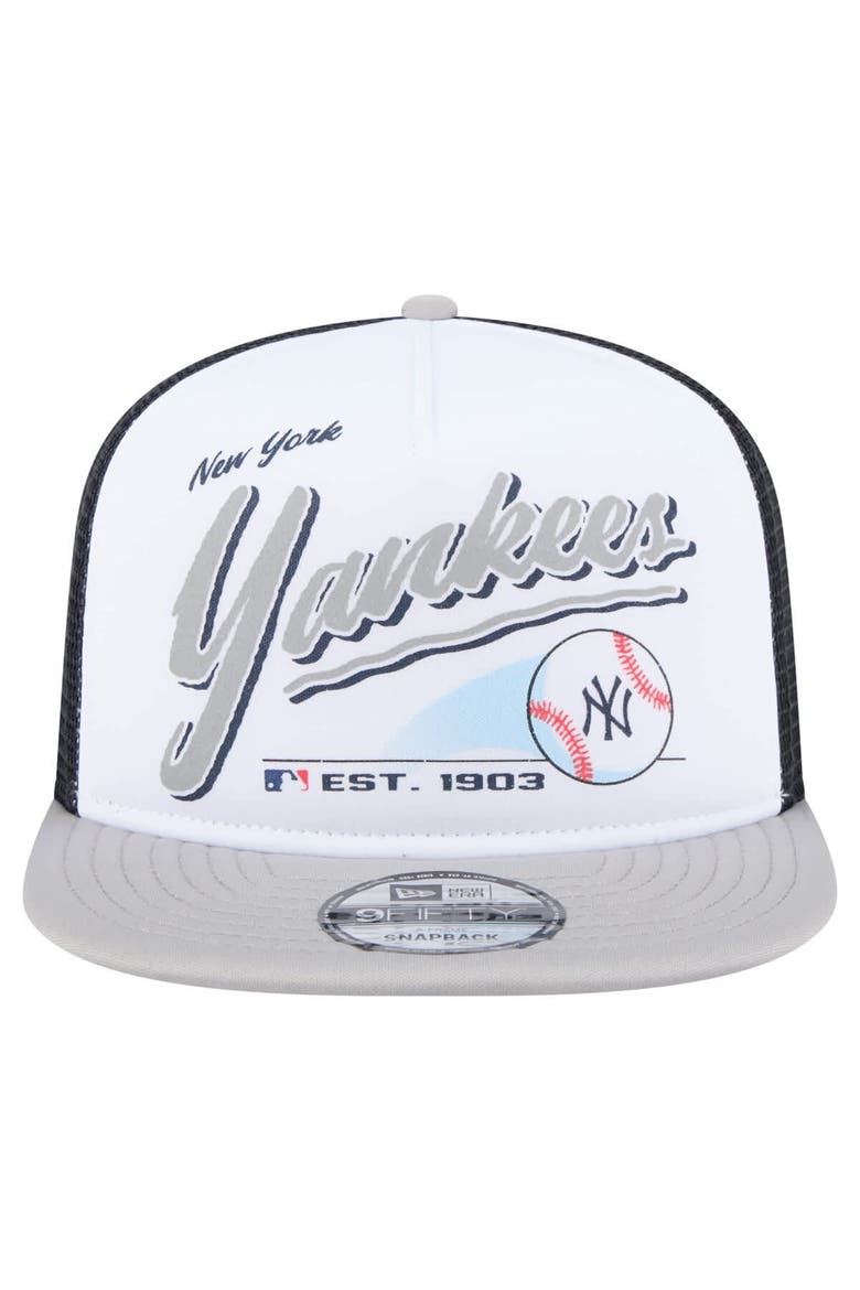 Men's New Era White/Gray New York Yankees Retro Script Trucker 9FIFTY Snapback Hat, Alternate, color, White