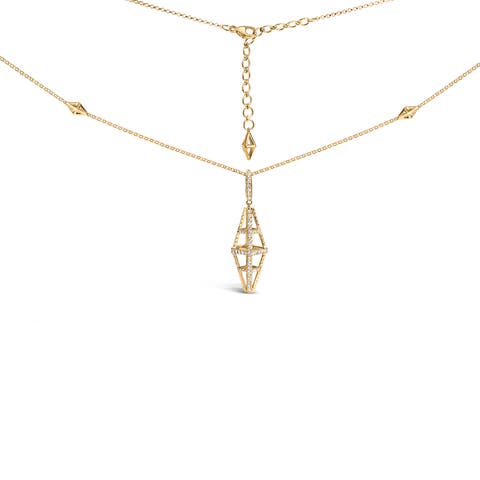 14K Yellow Gold 1.0 Cttw Diamond Studded Geometric Double Pyramid Pendant Necklace