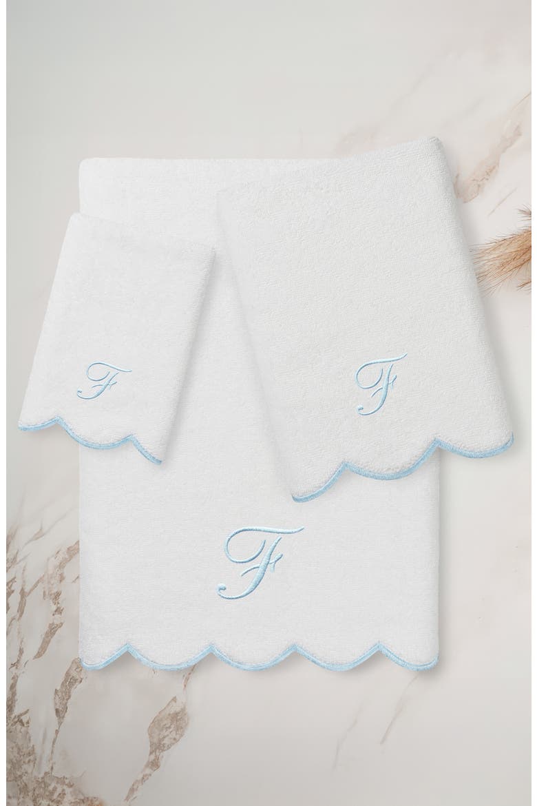 Adornia Scallop Personalized 3-Piece Towel Set, Alternate, color, WHITE/ BLUE F