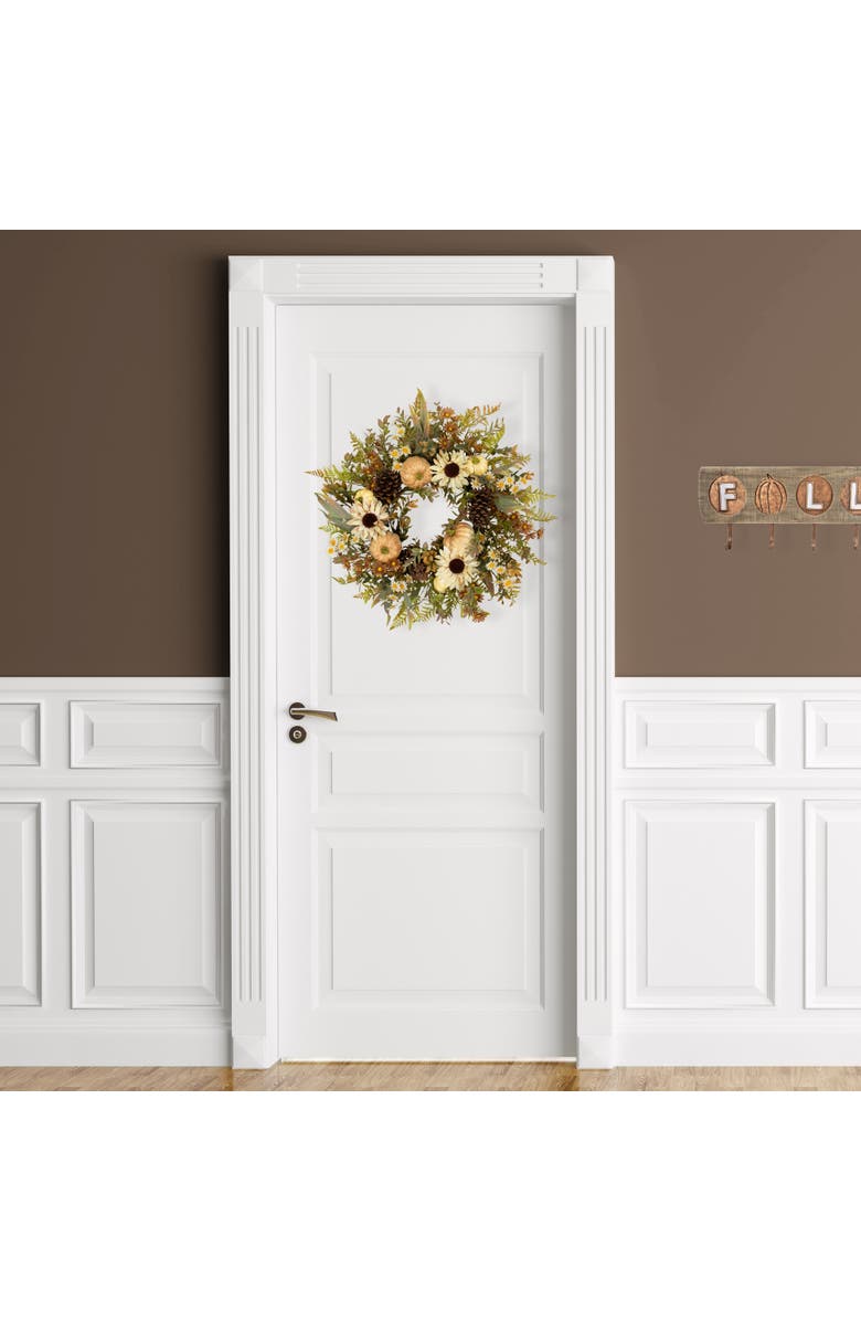 Northlight Pumpkins, Sunflowers and Fern Artificial Floral Fall Harvest Wreath - 28", Alternate, color, Ivory