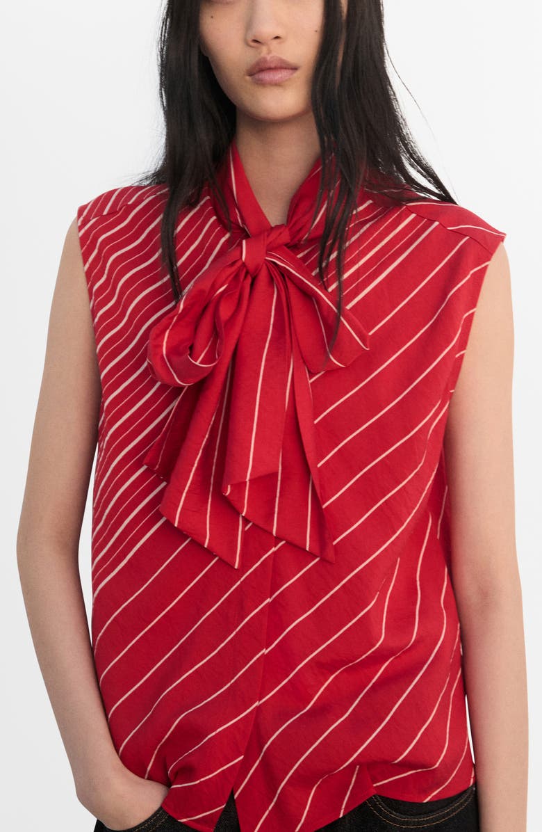 MANGO Stripe Tie Neck Top, Main, color, Red
