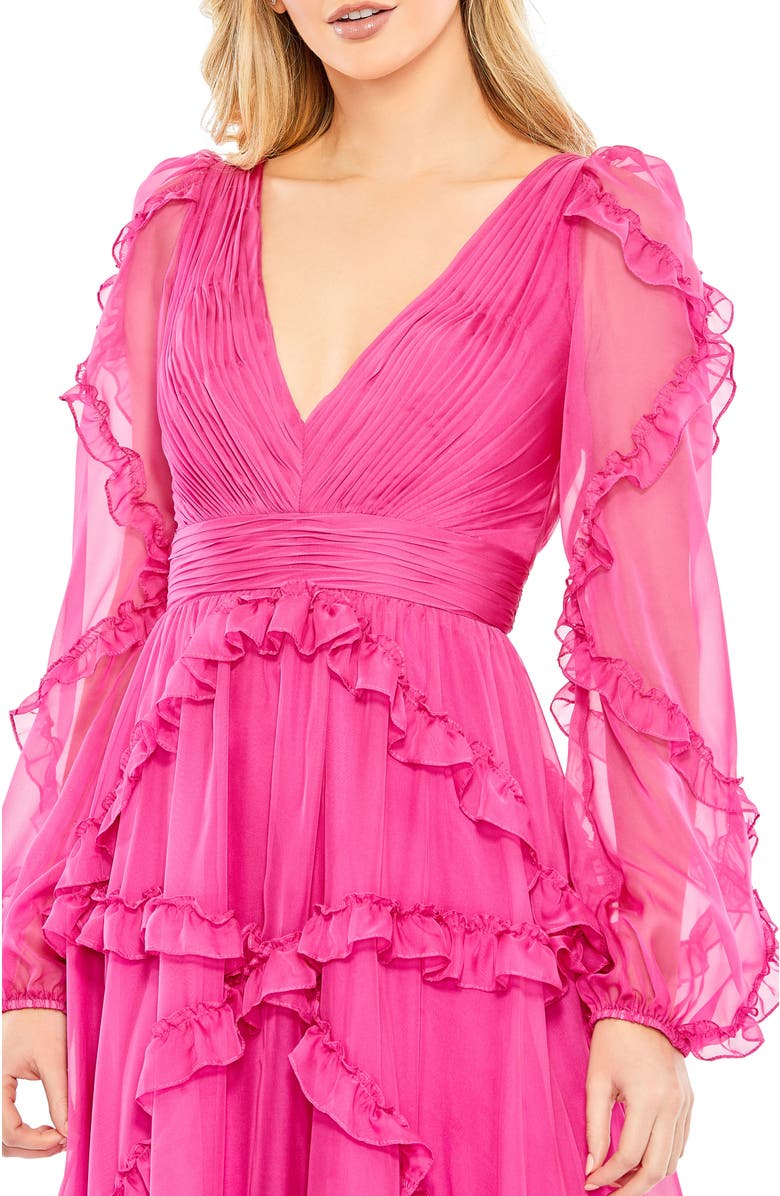 Mac Duggal Cascaded Ruffle Puff Sleeve A Line Gown, Alternate, color, Fuchsia