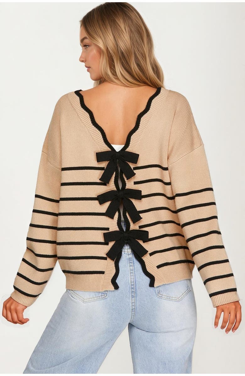 Knit and Lounge Striped Crewneck Knit Sweater with Long Sleeves, Alternate, color, Tan / Black Stripes