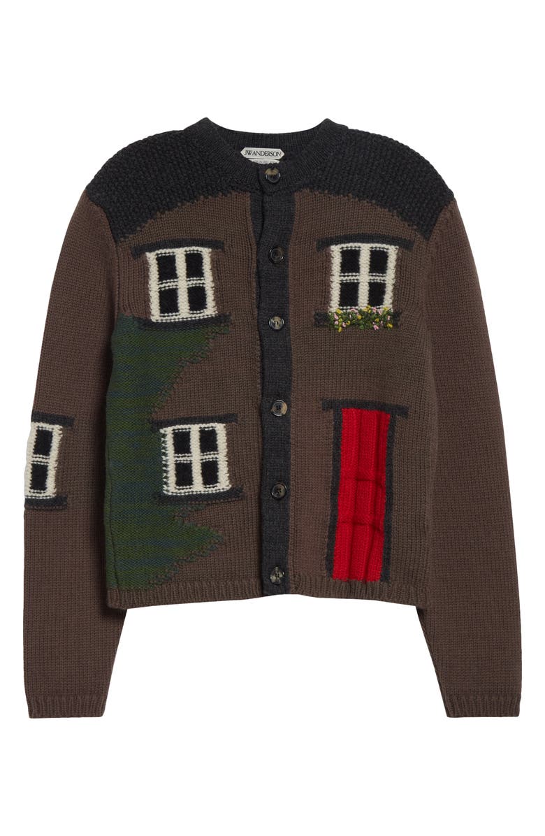 JW Anderson House Intarsia Wool Cardigan, Main, color, Chestnut