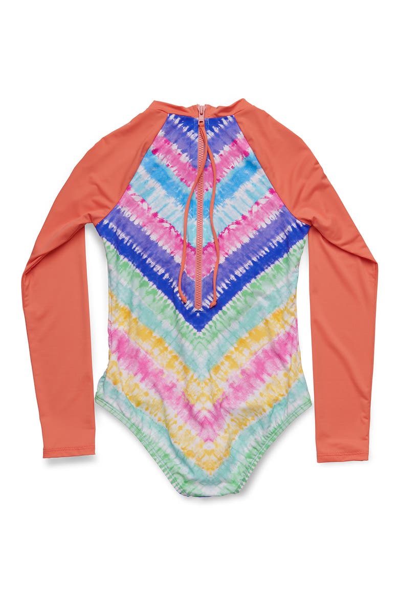 Kids' Chevron Tie Dye One-Piece Rashguard Swimsuit, Alternate, color, CORAL
