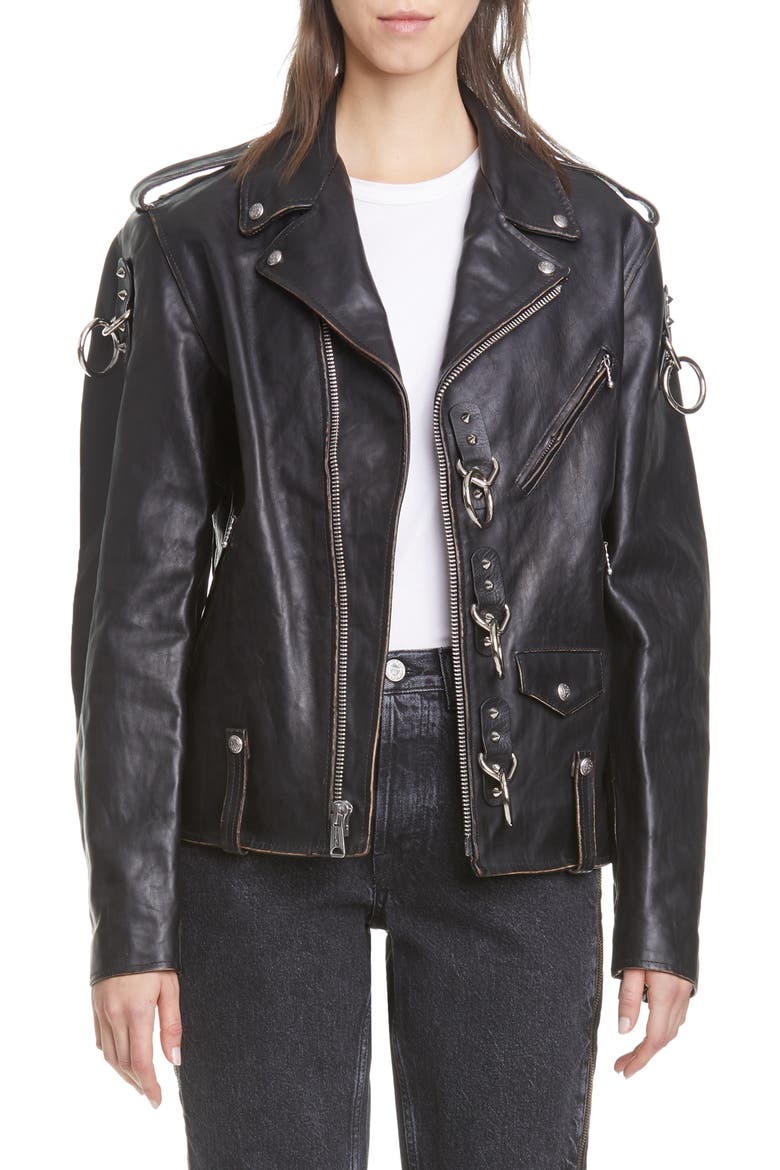 Ring Detail Refurbished Leather Moto Jacket, Main, color, BLACK
