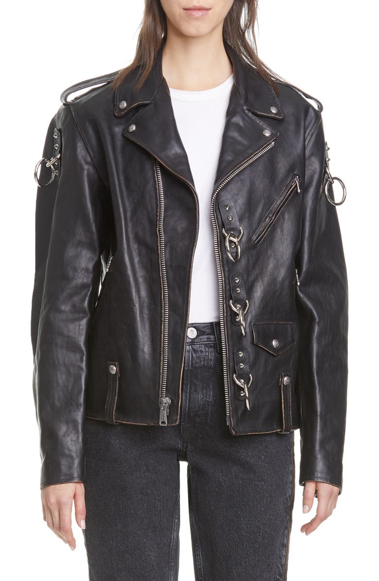 R13 Ring Detail Refurbished Leather Moto Jacket, Main, color,