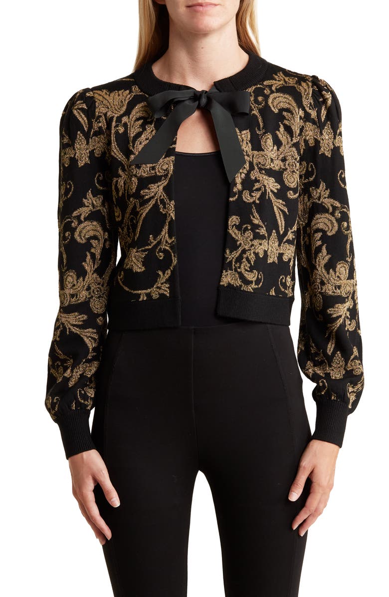 Alice + Olivia Kitty Bow Neck Puff Sleeve Cardigan, Main, color, 