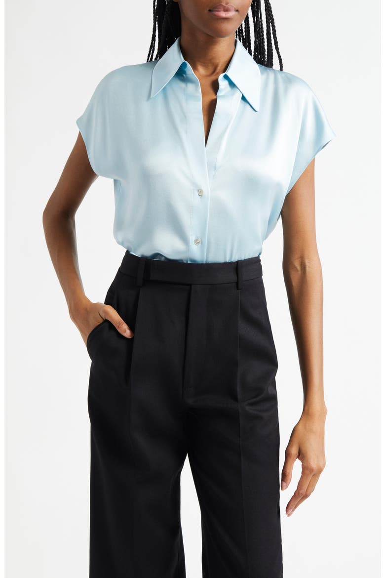 Cap Sleeve Gathered Back Short Sleeve Silk Button-Up Shirt, Main, color, CELESTE