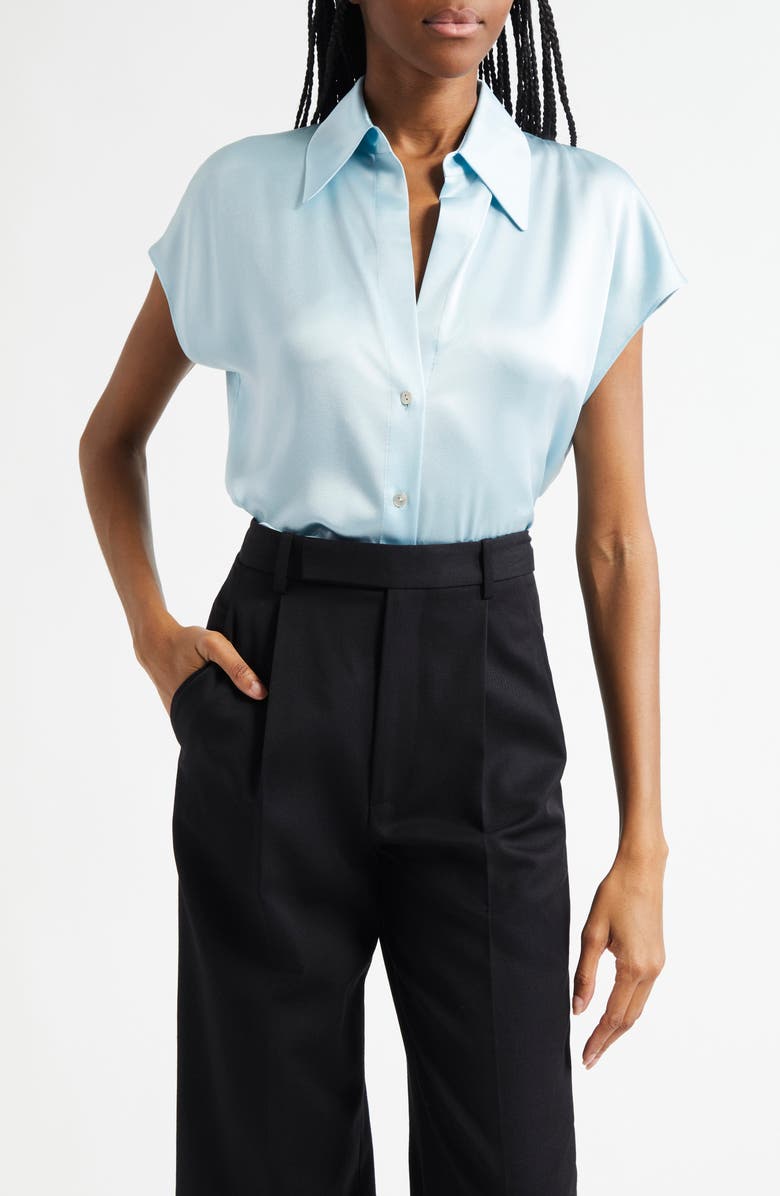 Vince Cap Sleeve Gathered Back Short Sleeve Silk Button-Up Shirt, Main, color, Celeste