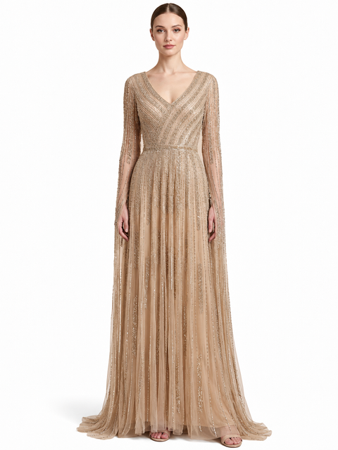 V-Neck Beaded Dress with Long Cape Sleeves