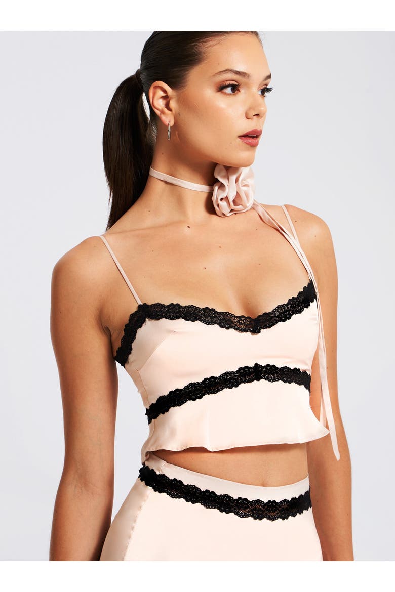 Yareli Lace Trim Satin Strappy Top, Alternate, color, Beige